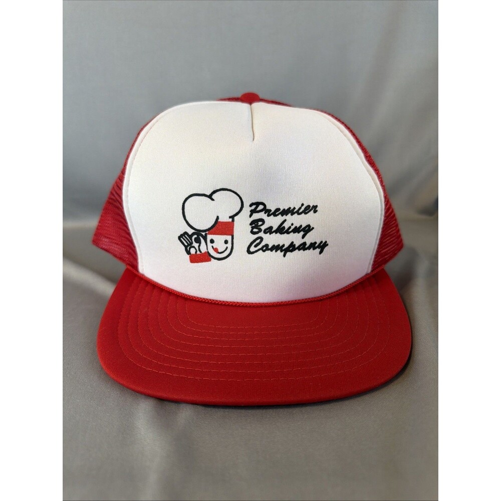 Vintage Mesh Snapback Hat PREMIUM BAKING COMPANY Trucker Hipster Cap Red White